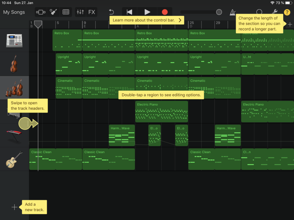 The interface of garage band, that explains how certain parts of the product are used.